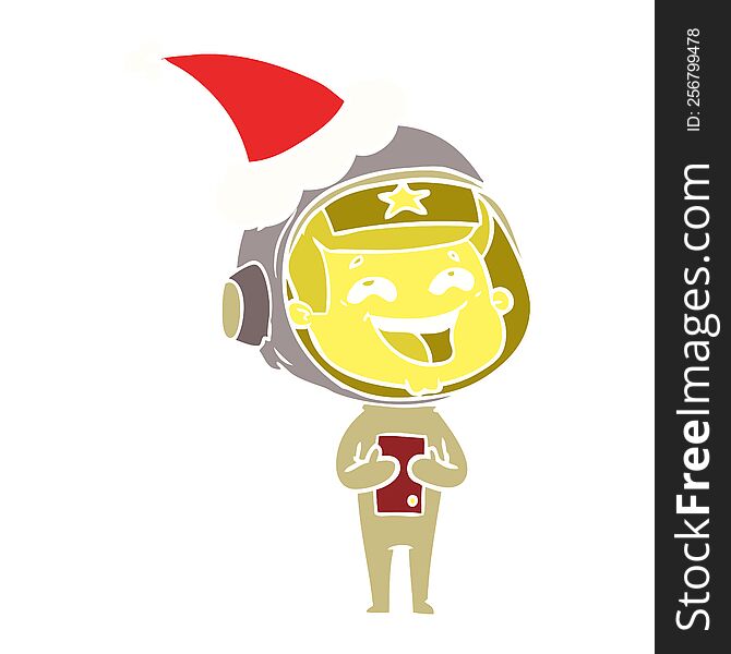 Flat Color Illustration Of A Laughing Astronaut Wearing Santa Hat