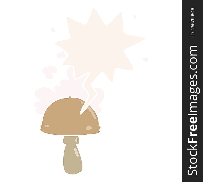 cartoon mushroom with spore cloud with speech bubble in retro style. cartoon mushroom with spore cloud with speech bubble in retro style