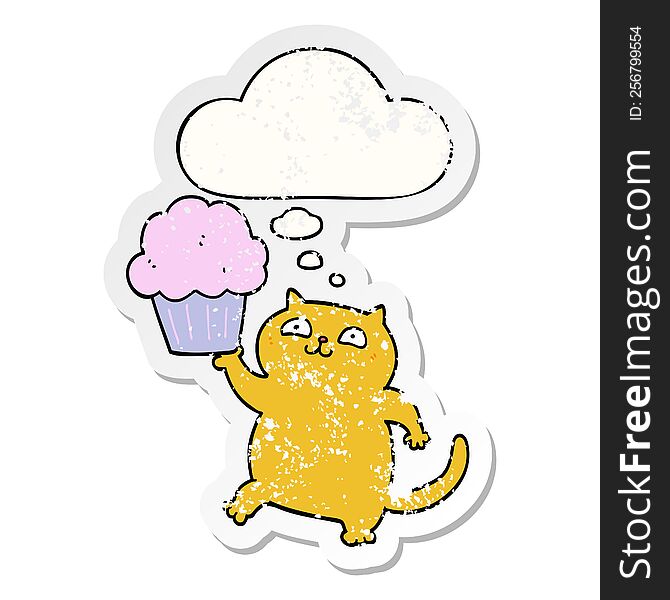 Cartoon Cat With Cupcake And Thought Bubble As A Distressed Worn Sticker