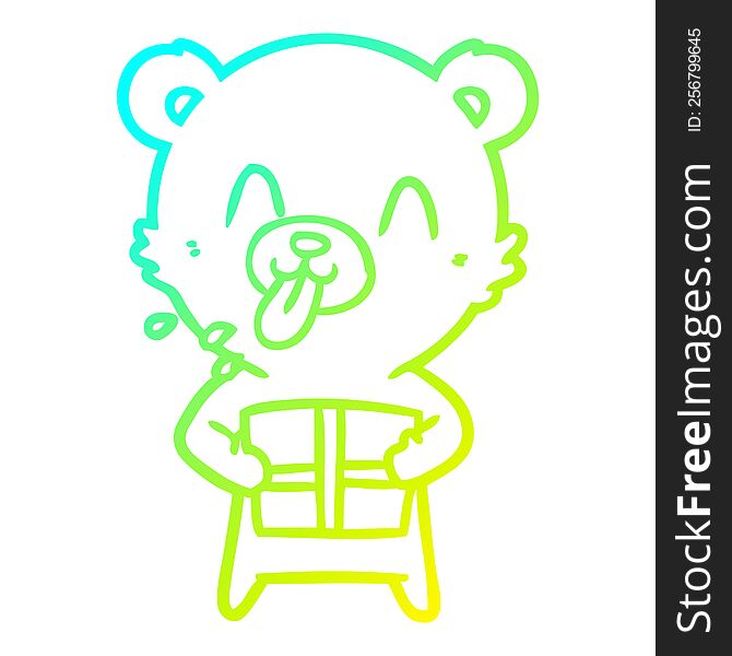 cold gradient line drawing of a rude cartoon polar bear sticking out tongue with present