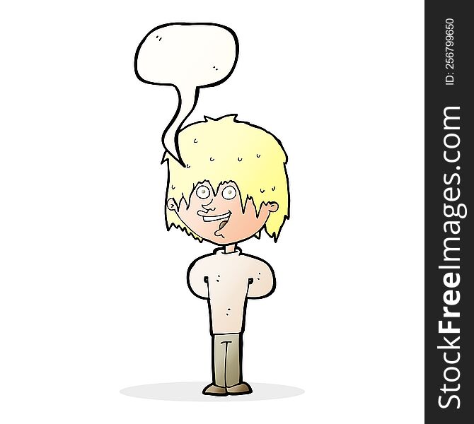 cartoon happy scruffy boy with speech bubble