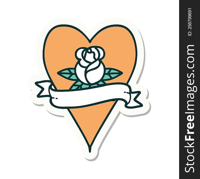 sticker of tattoo in traditional style of a heart rose and banner. sticker of tattoo in traditional style of a heart rose and banner