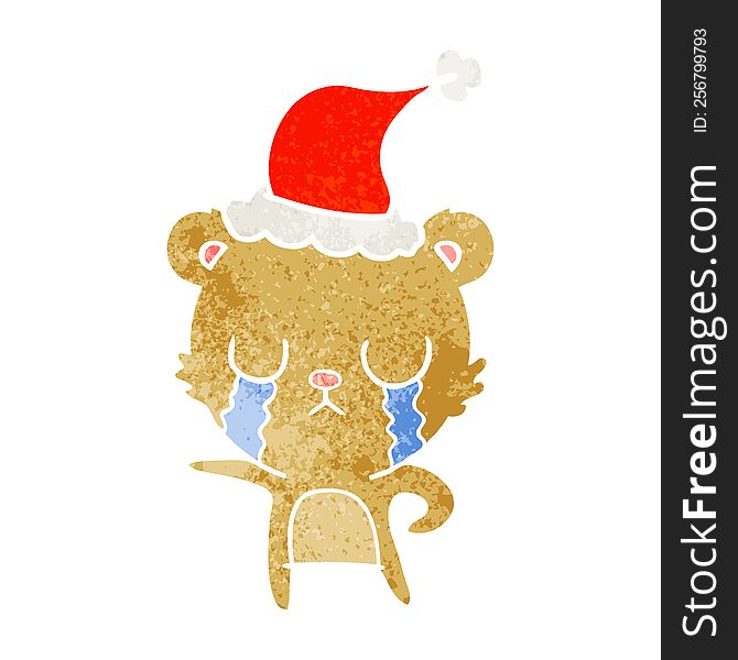 Crying Retro Cartoon Of A Bear Wearing Santa Hat