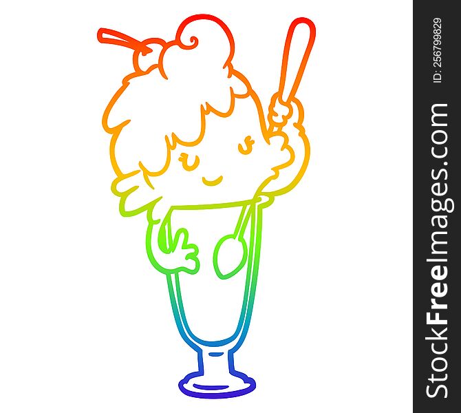 rainbow gradient line drawing of a ice cream soda girl