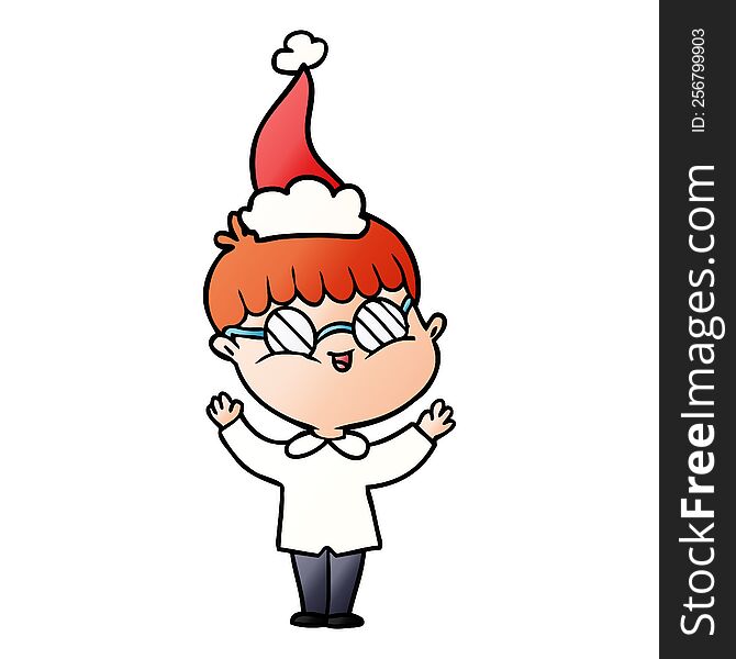 hand drawn gradient cartoon of a boy wearing spectacles wearing santa hat