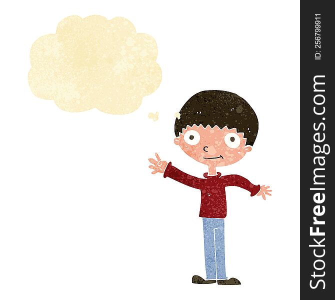 Cartoon Happy Waving Boy With Thought Bubble