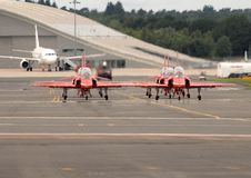 Red Arrows In The Jet Haze Royalty Free Stock Image Red Arrows In The Jet Haze Royalty Free Stock Image