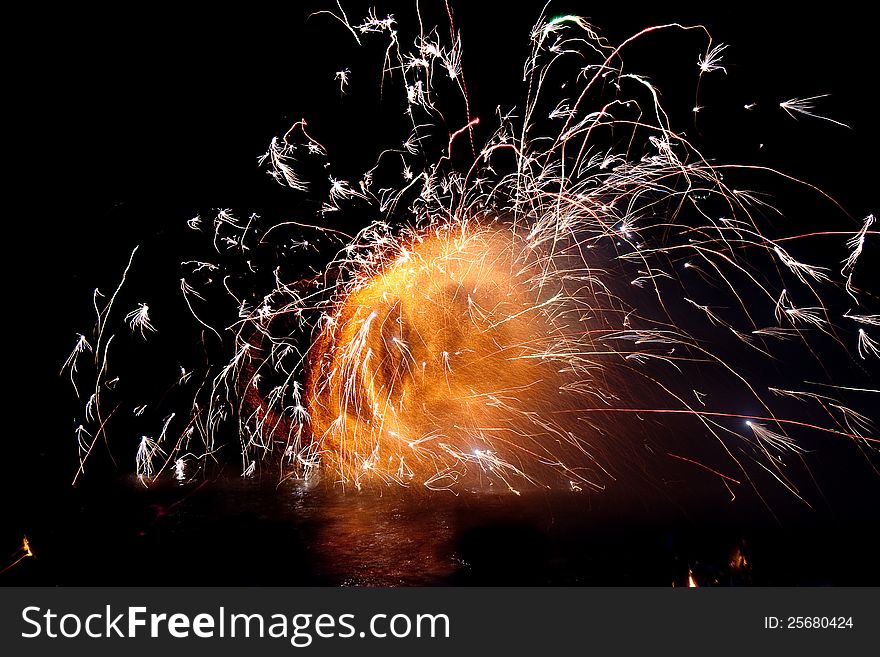 Fantastic Fire Show at night on beach