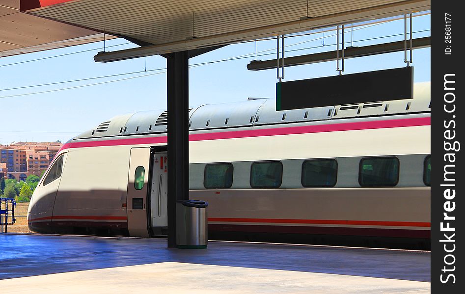 High speed train at the station in Toledo, Spain. High speed train at the station in Toledo, Spain