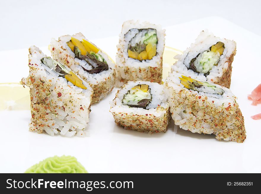 Japanese sushi fish and seafood on white background