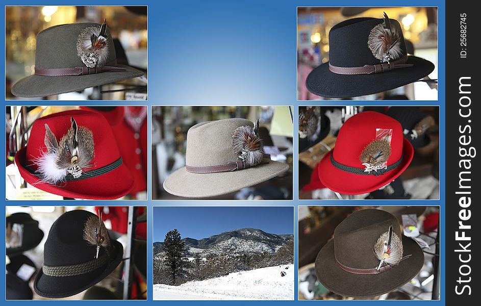 A collage of 7 hats in an array of styles and colors. A collage of 7 hats in an array of styles and colors