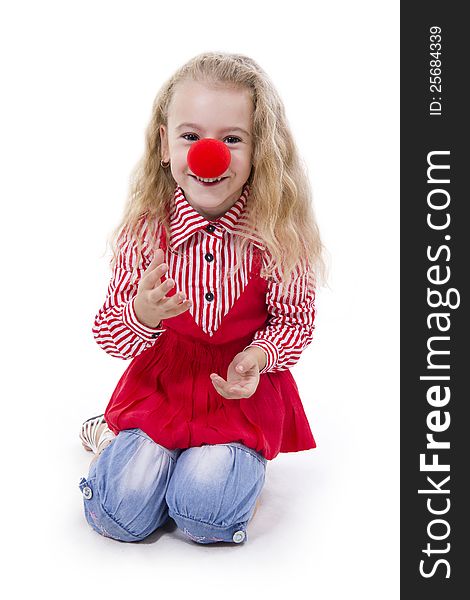 Cheerful little girl smile. White isolated.