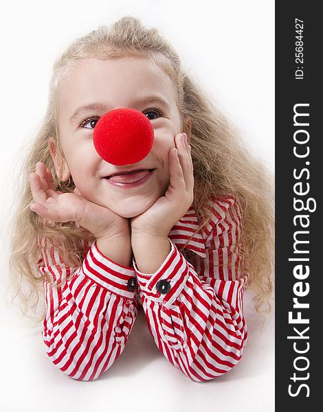 Cheerful little girl smile. White isolated.