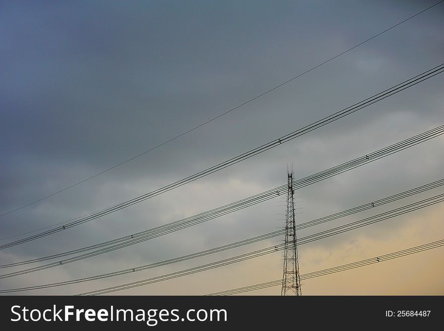 High voltage towers in storm. High voltage towers in storm.