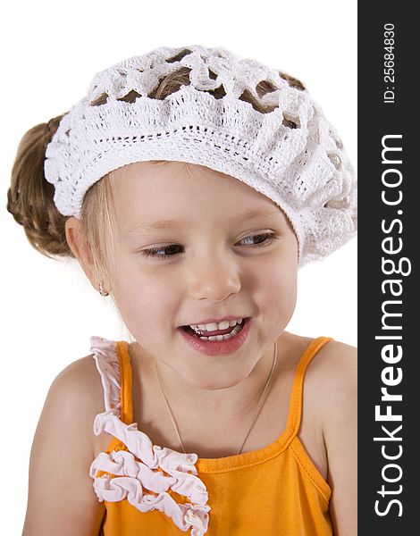 Cheerful little girl smile. White isolated.