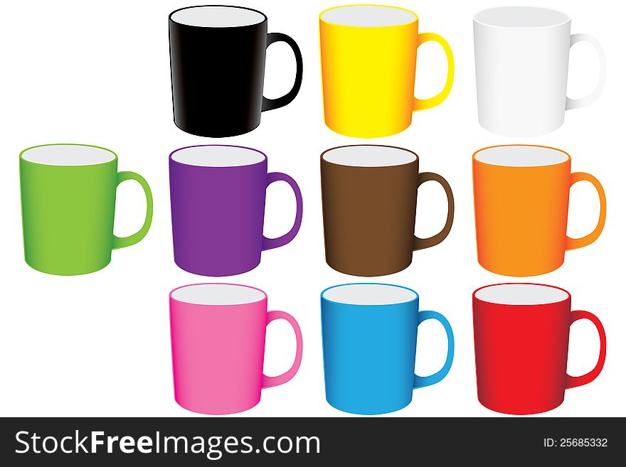 Set of 10 colorful isolated mugs. Set of 10 colorful isolated mugs