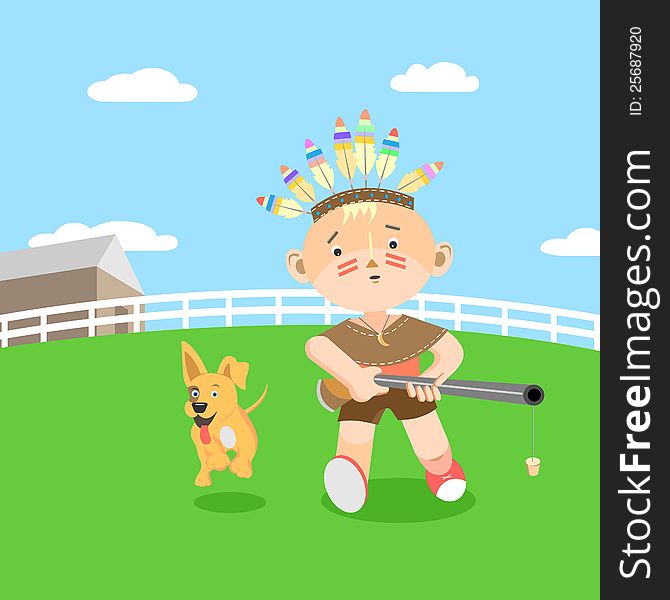 Boy playing in hunting. Vector illustration