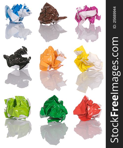 Set of crumpled color paper isolated over white background