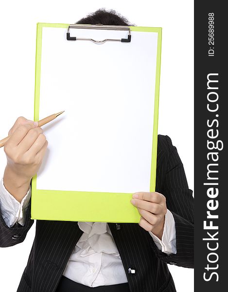 Business woman holding clipboard isolated over white background. You can put your message on the paper. Business woman holding clipboard isolated over white background. You can put your message on the paper.