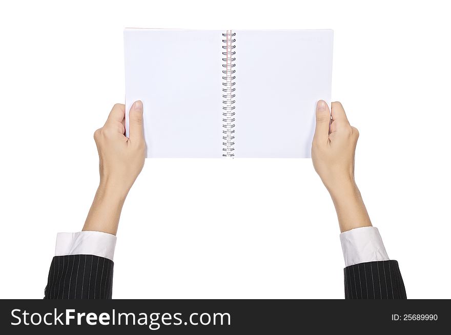 Business woman hold blank notebook isolated over white background. You can put your message on the paper. Business woman hold blank notebook isolated over white background. You can put your message on the paper