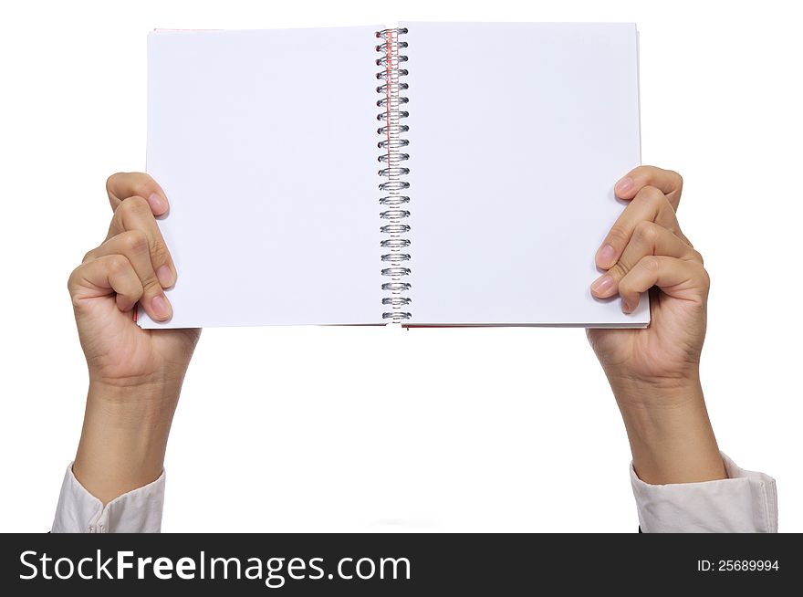 Business woman hold blank notebook isolated over white background. You can put your message on the paper. Business woman hold blank notebook isolated over white background. You can put your message on the paper