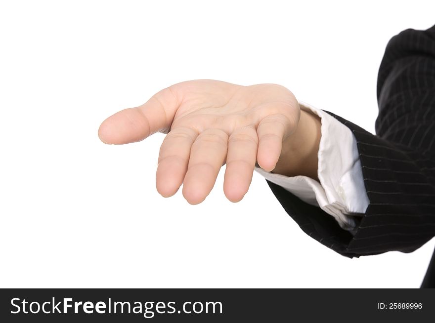 Business woman hand showing something isolated over white background. You can put something on the hand. Business woman hand showing something isolated over white background. You can put something on the hand