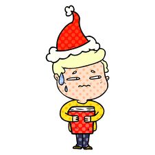 Comic Book Style Illustration Of A Anxious Boy Carrying Book Wearing Santa Hat Stock Image