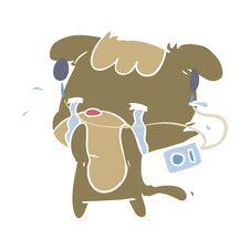 Flat Color Style Cartoon Sad Dog Crying Listening To Music Royalty Free Stock Photography