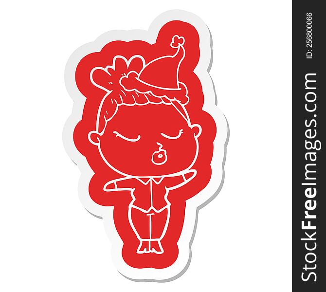 Cartoon  Sticker Of A Calm Woman Wearing Santa Hat