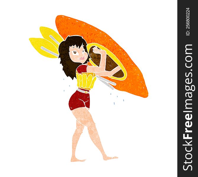 cartoon woman carrying canoe