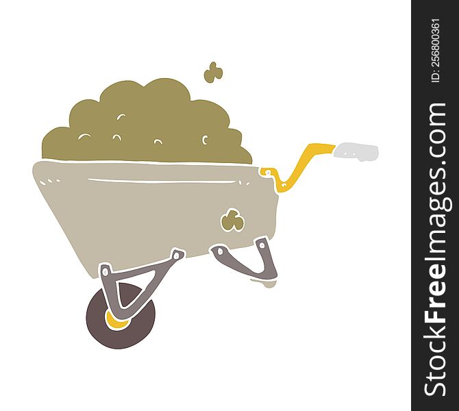 Flat Color Illustration Of A Cartoon Wheelbarrow Full Of Dirt