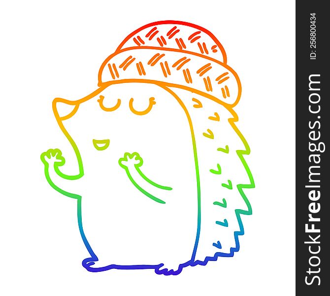 Rainbow Gradient Line Drawing Cartoon Hedgehog Wearing Hat