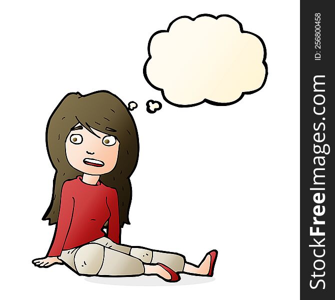 cartoon girl sitting on floor with thought bubble