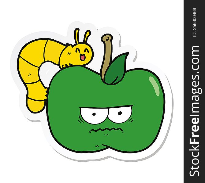 sticker of a cartoon grumpy apple and caterpillar