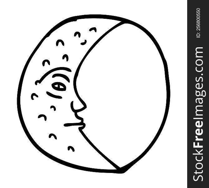 line drawing cartoon crescent moon with face