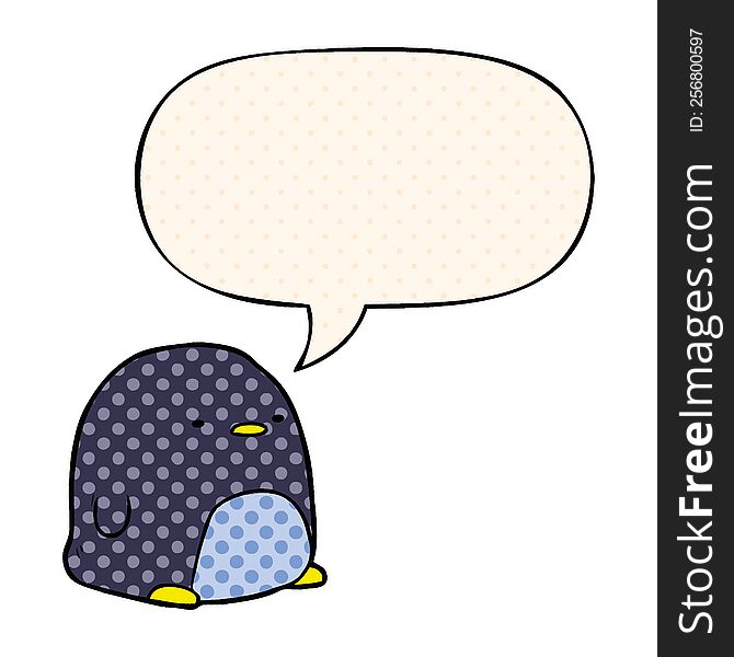 Cute Cartoon Penguin And Speech Bubble In Comic Book Style