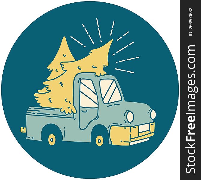 icon of tattoo style truck carrying trees