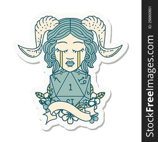 sticker of a crying tiefling with natural one D20 roll. sticker of a crying tiefling with natural one D20 roll