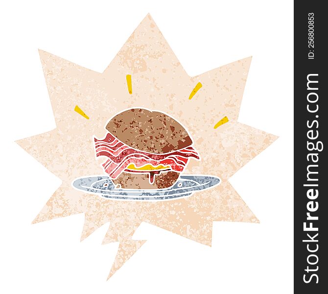 cartoon amazingly tasty bacon breakfast sandwich with cheese with speech bubble. cartoon amazingly tasty bacon breakfast sandwich with cheese with speech bubble