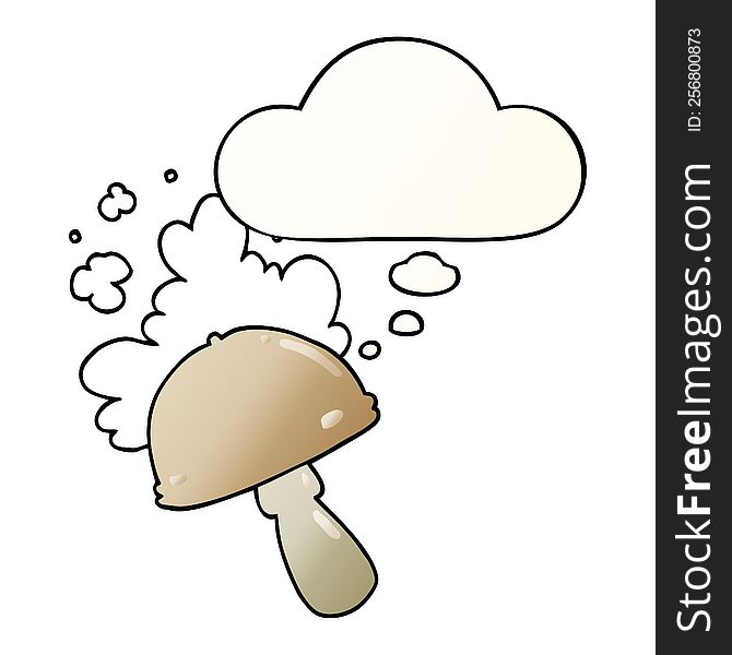 cartoon mushroom with spore cloud with thought bubble in smooth gradient style