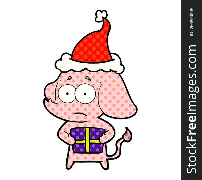 hand drawn comic book style illustration of a unsure elephant with christmas present wearing santa hat