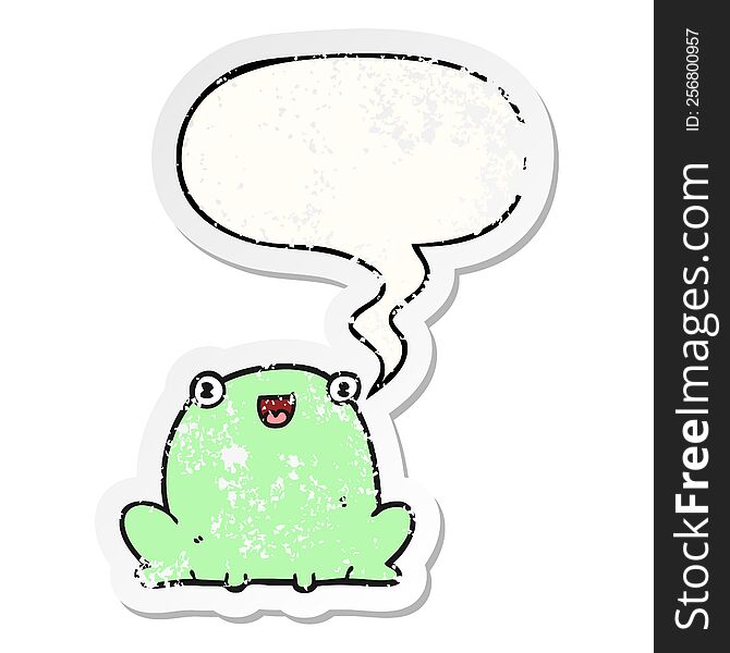 cute cartoon frog with speech bubble distressed distressed old sticker. cute cartoon frog with speech bubble distressed distressed old sticker