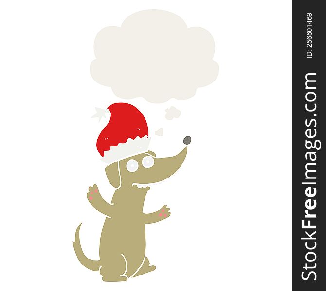 Cute Christmas Cartoon Dog And Thought Bubble In Retro Style