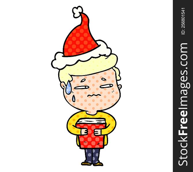 comic book style illustration of a anxious boy carrying book wearing santa hat