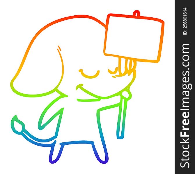 rainbow gradient line drawing of a cartoon smiling elephant with placard
