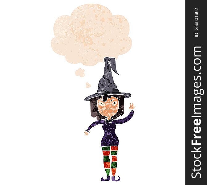 Cartoon Witch And Thought Bubble In Retro Textured Style