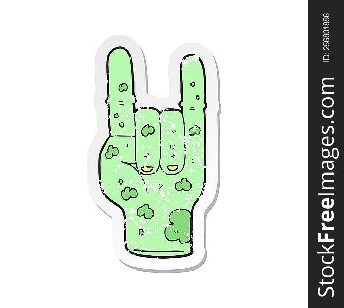 Retro Distressed Sticker Of A Cartoon Zombie Hand Making Horn Sign