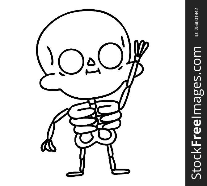 line doodle of a friendly skeleton waving