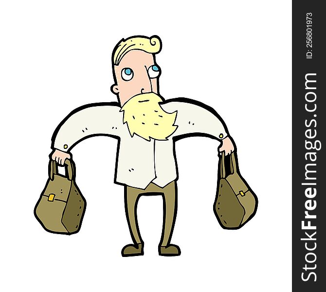 cartoon hipster man carrying bags