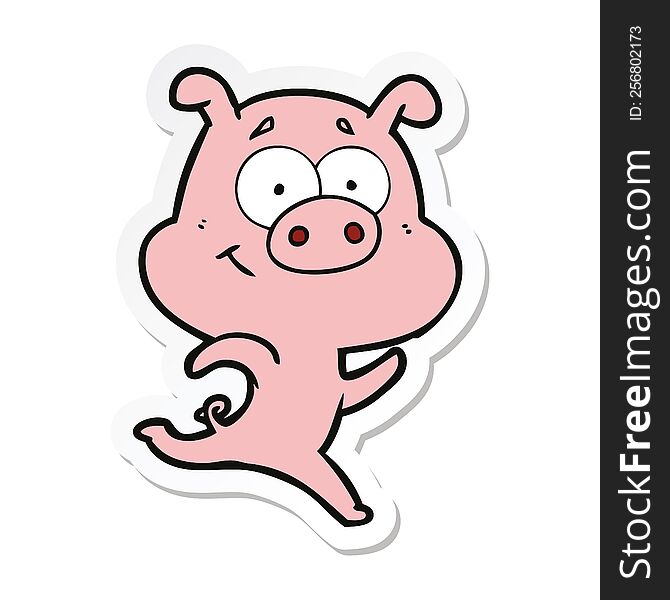 Sticker Of A Happy Cartoon Pig Running
